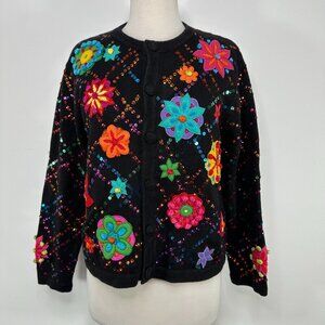 Berek Women’s Floral Button Front Black Cardigan Size L Sequins Embellished Vtg